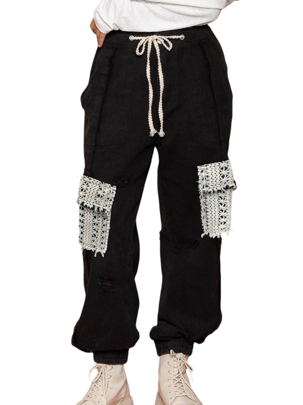 ▪️🔲 NEW POL BESTSELLER Black‎ Joggers with Cream Crochet Pockets boho 🔲▪️